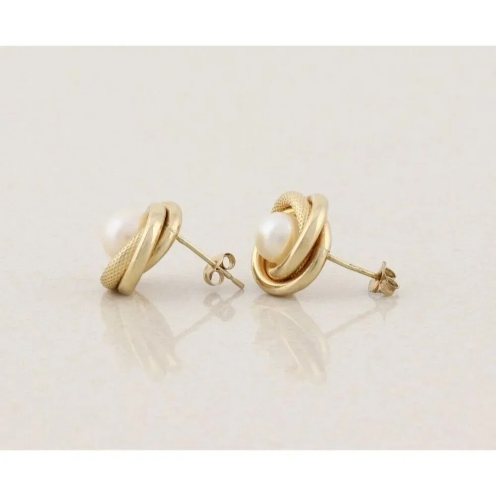 10k Yellow Gold Freshwater Pearl Knot Earrings Stud Post - Picture 3 of 9